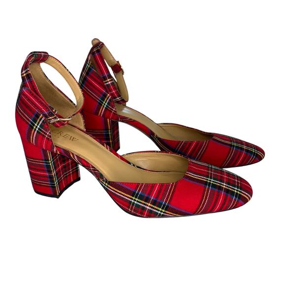 J Crew Factory Red Tartan Plaid Ankle Strap Block Heels 9.5 - Picture 1 of 6